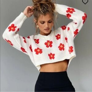 Princess Polly Red Floral field of flowers cropped Cream Sweater